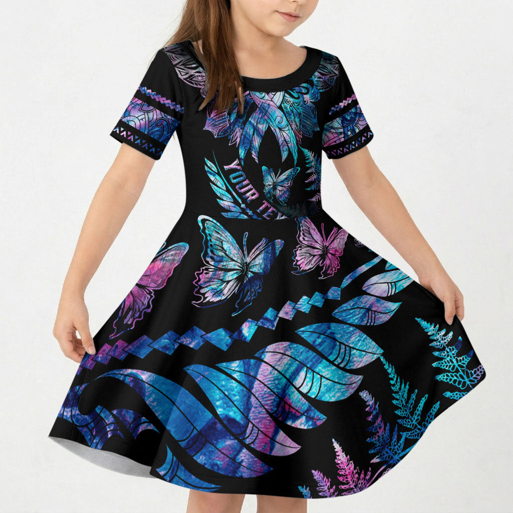 Personalised Polynesia Ribbon Butterflies Kid Short Sleeve Dress Silver Fern Breast Cancer Support With Papua Shell Pattern