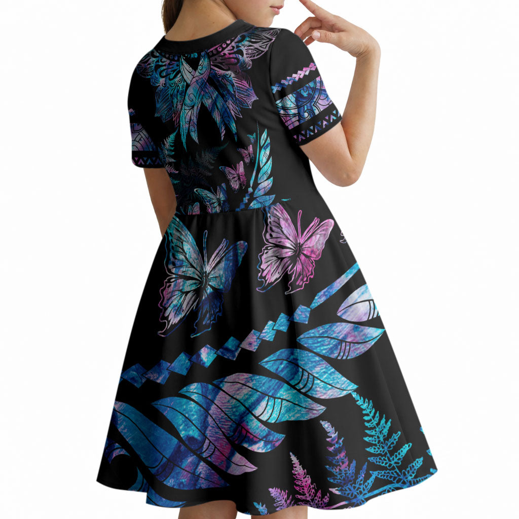Personalised Polynesia Ribbon Butterflies Kid Short Sleeve Dress Silver Fern Breast Cancer Support With Papua Shell Pattern