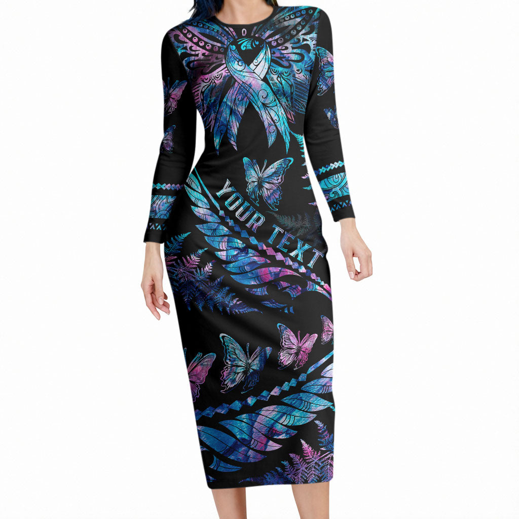 Personalised Polynesia Ribbon Butterflies Long Sleeve Bodycon Dress Silver Fern Breast Cancer Support With Papua Shell Pattern