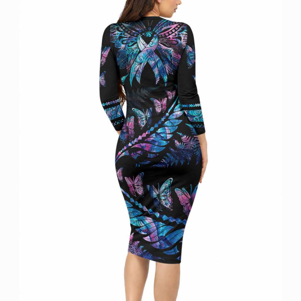 Personalised Polynesia Ribbon Butterflies Long Sleeve Bodycon Dress Silver Fern Breast Cancer Support With Papua Shell Pattern