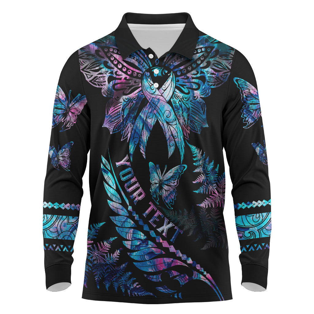 Personalised Polynesia Ribbon Butterflies Long Sleeve Polo Shirt Silver Fern Breast Cancer Support With Papua Shell Pattern