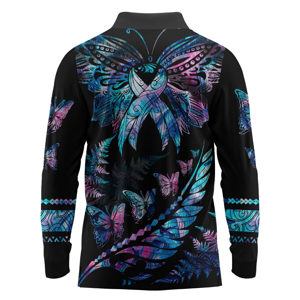 Personalised Polynesia Ribbon Butterflies Long Sleeve Polo Shirt Silver Fern Breast Cancer Support With Papua Shell Pattern