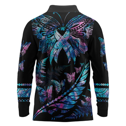 Personalised Polynesia Ribbon Butterflies Long Sleeve Polo Shirt Silver Fern Breast Cancer Support With Papua Shell Pattern