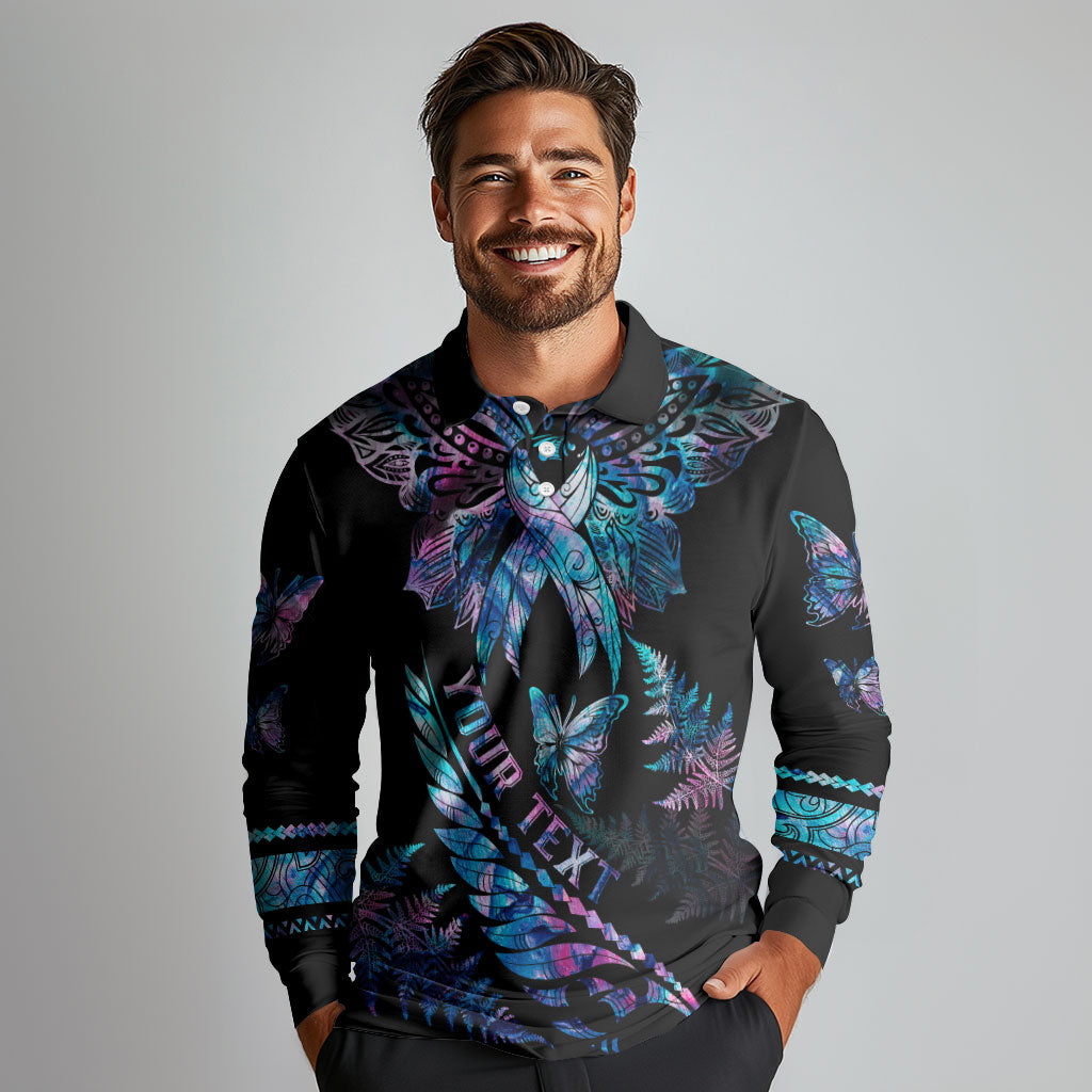Personalised Polynesia Ribbon Butterflies Long Sleeve Polo Shirt Silver Fern Breast Cancer Support With Papua Shell Pattern