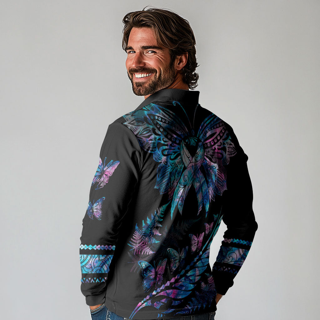 Personalised Polynesia Ribbon Butterflies Long Sleeve Polo Shirt Silver Fern Breast Cancer Support With Papua Shell Pattern