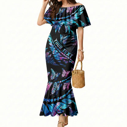 Personalised Polynesia Ribbon Butterflies Mermaid Dress Silver Fern Breast Cancer Support With Papua Shell Pattern