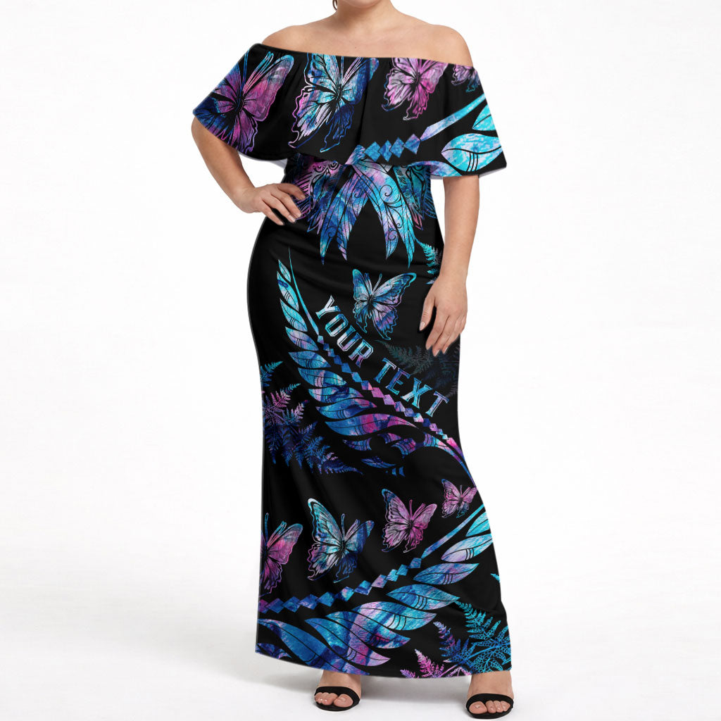 Personalised Polynesia Ribbon Butterflies Off Shoulder Maxi Dress Silver Fern Breast Cancer Support With Papua Shell Pattern