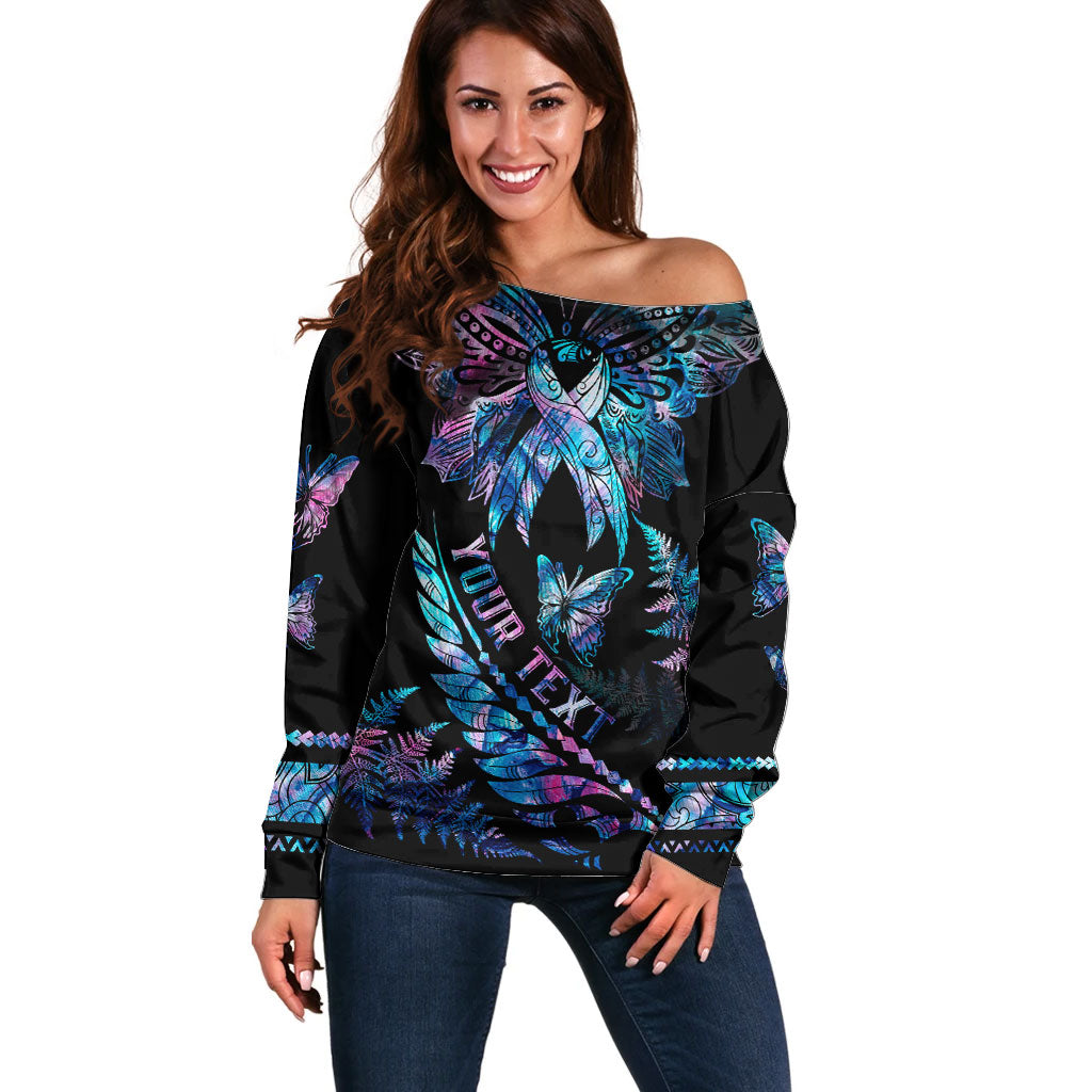 Personalised Polynesia Ribbon Butterflies Off Shoulder Sweater Silver Fern Breast Cancer Support With Papua Shell Pattern