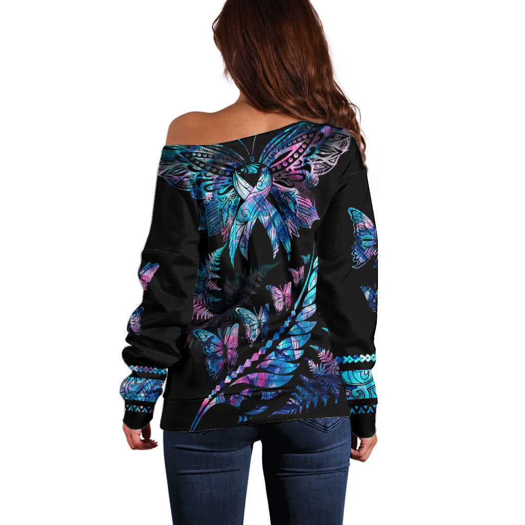 Personalised Polynesia Ribbon Butterflies Off Shoulder Sweater Silver Fern Breast Cancer Support With Papua Shell Pattern
