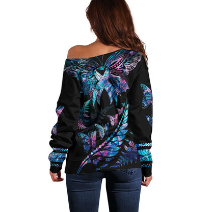 Personalised Polynesia Ribbon Butterflies Off Shoulder Sweater Silver Fern Breast Cancer Support With Papua Shell Pattern