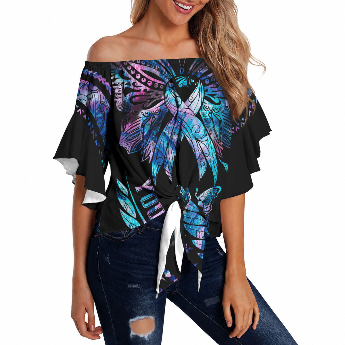 Personalised Polynesia Ribbon Butterflies Off Shoulder Wrap Waist Top Silver Fern Breast Cancer Support With Papua Shell Pattern