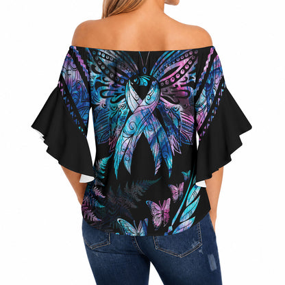 Personalised Polynesia Ribbon Butterflies Off Shoulder Wrap Waist Top Silver Fern Breast Cancer Support With Papua Shell Pattern