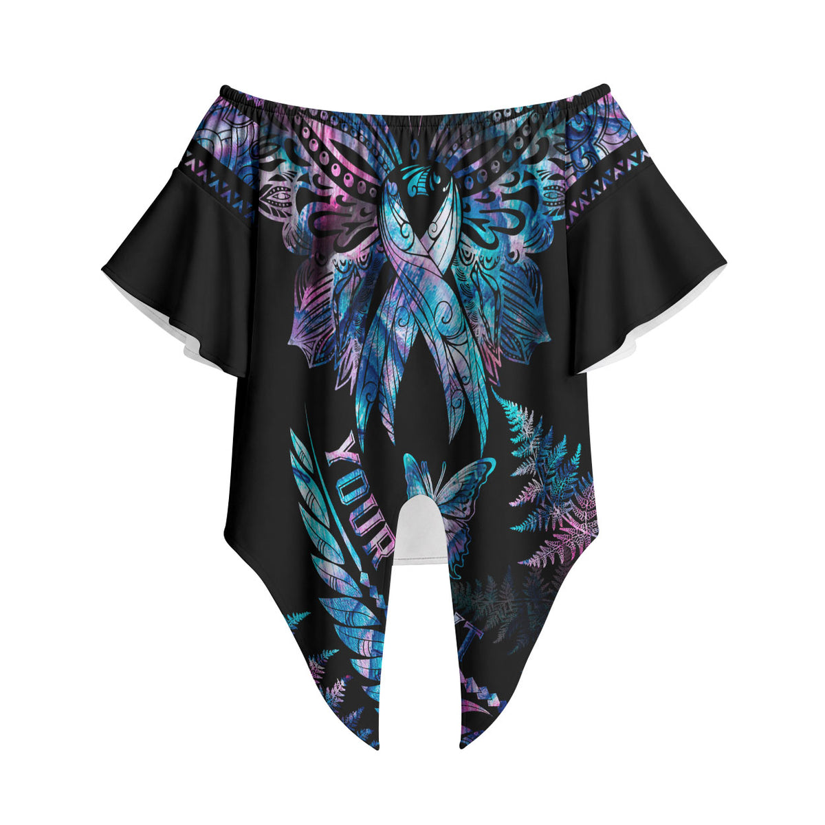 Personalised Polynesia Ribbon Butterflies Off Shoulder Wrap Waist Top Silver Fern Breast Cancer Support With Papua Shell Pattern