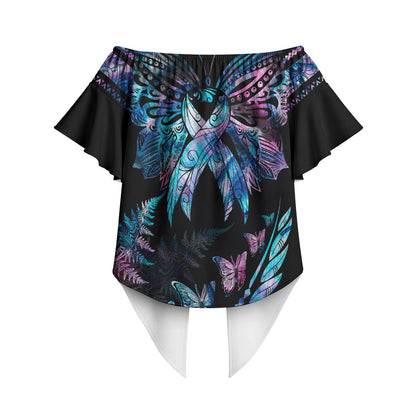 Personalised Polynesia Ribbon Butterflies Off Shoulder Wrap Waist Top Silver Fern Breast Cancer Support With Papua Shell Pattern