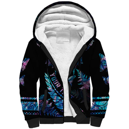 Personalised Polynesia Ribbon Butterflies Sherpa Hoodie Silver Fern Breast Cancer Support With Papua Shell Pattern