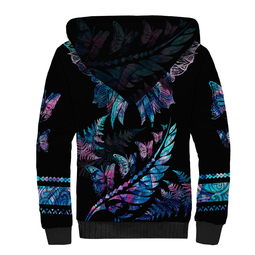 Personalised Polynesia Ribbon Butterflies Sherpa Hoodie Silver Fern Breast Cancer Support With Papua Shell Pattern