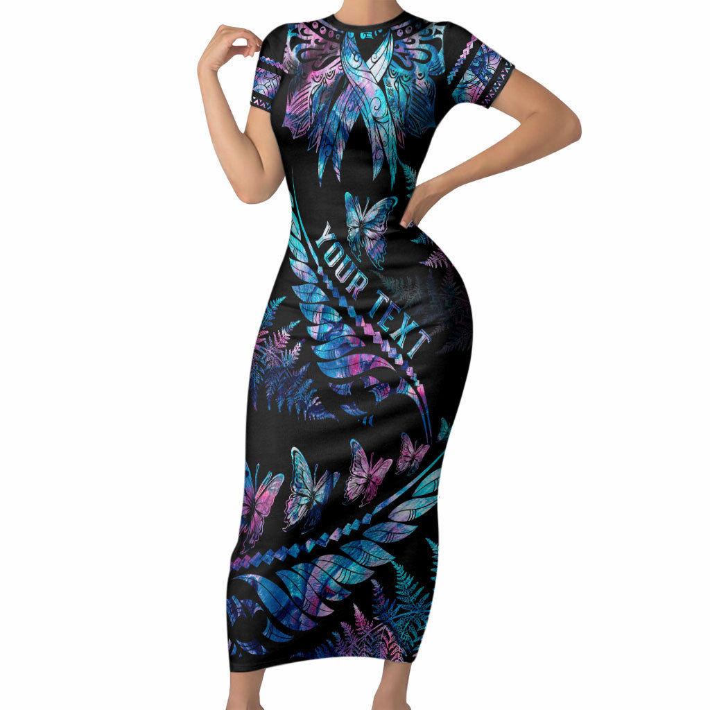 Personalised Polynesia Ribbon Butterflies Short Sleeve Bodycon Dress Silver Fern Breast Cancer Support With Papua Shell Pattern