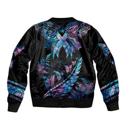 Personalised Polynesia Ribbon Butterflies Sleeve Zip Bomber Jacket Silver Fern Breast Cancer Support With Papua Shell Pattern