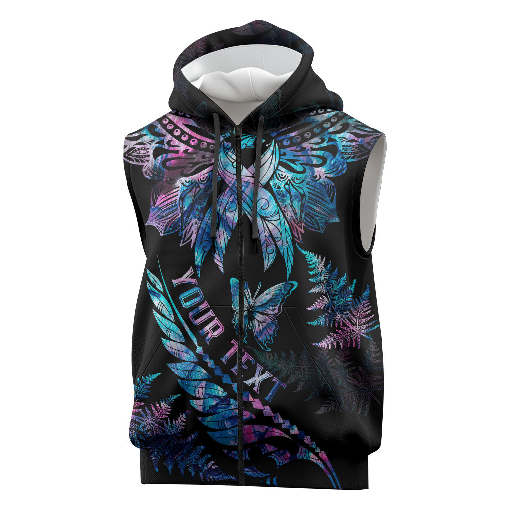 Personalised Polynesia Ribbon Butterflies Sleeveless Zip Hoodie Silver Fern Breast Cancer Support With Papua Shell Pattern