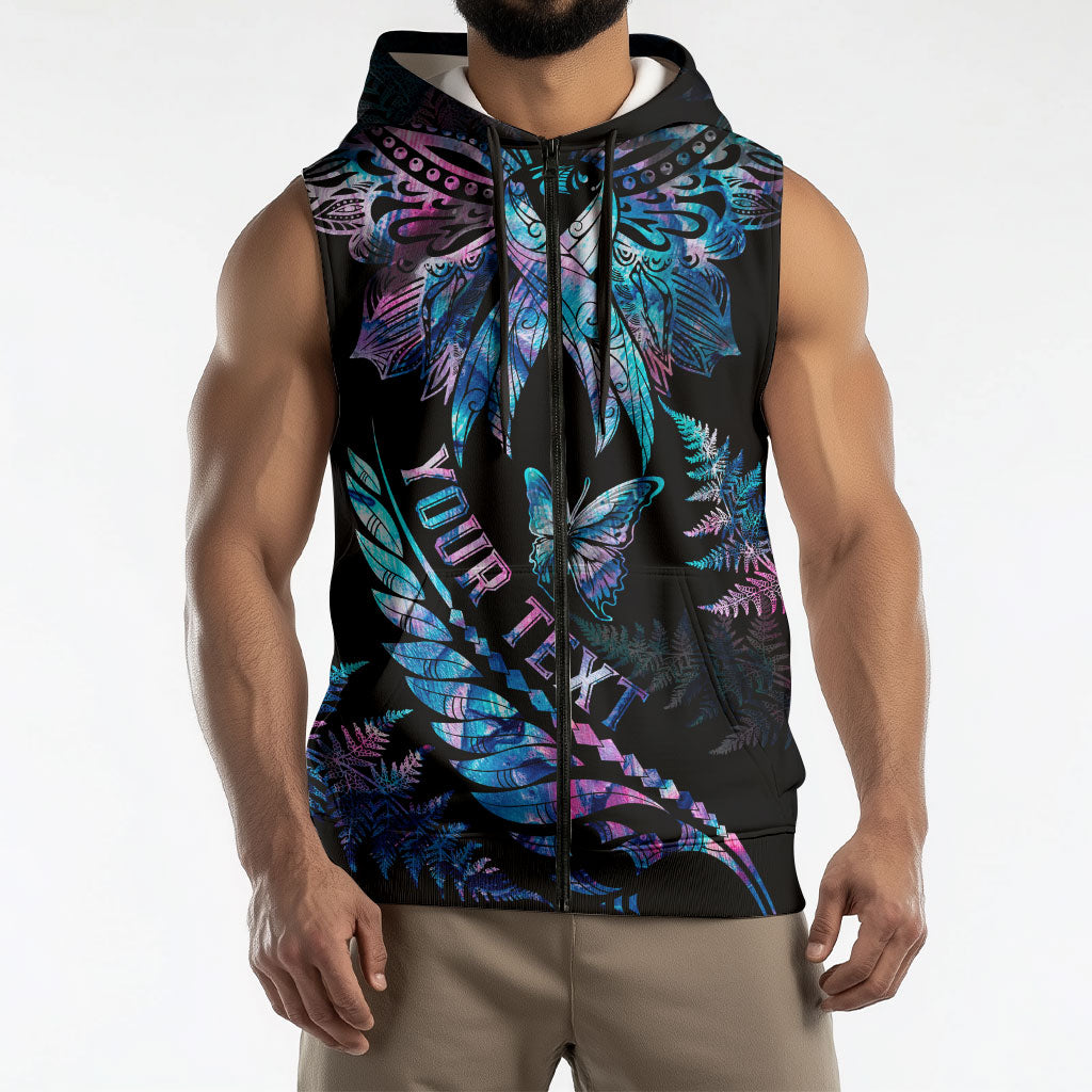Personalised Polynesia Ribbon Butterflies Sleeveless Zip Hoodie Silver Fern Breast Cancer Support With Papua Shell Pattern
