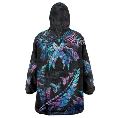 Personalised Polynesia Ribbon Butterflies Wearable Blanket Hoodie Silver Fern Breast Cancer Support With Papua Shell Pattern