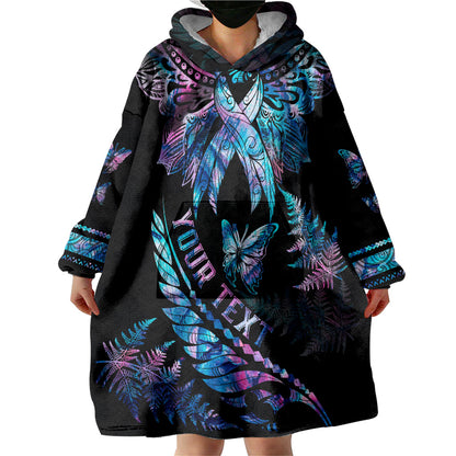 Personalised Polynesia Ribbon Butterflies Wearable Blanket Hoodie Silver Fern Breast Cancer Support With Papua Shell Pattern