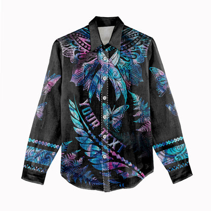 Personalised Polynesia Ribbon Butterflies Women Casual Shirt Silver Fern Breast Cancer Support With Papua Shell Pattern