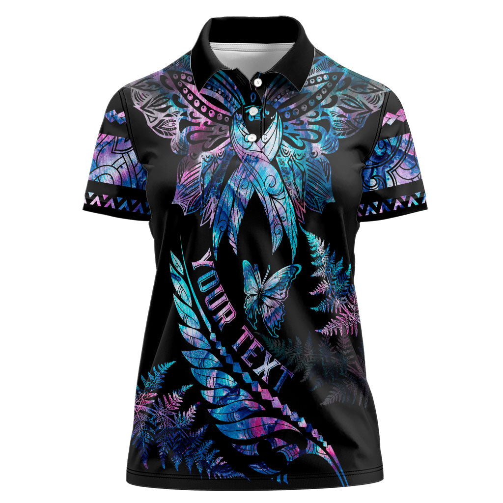 Personalised Polynesia Ribbon Butterflies Women Polo Shirt Silver Fern Breast Cancer Support With Papua Shell Pattern