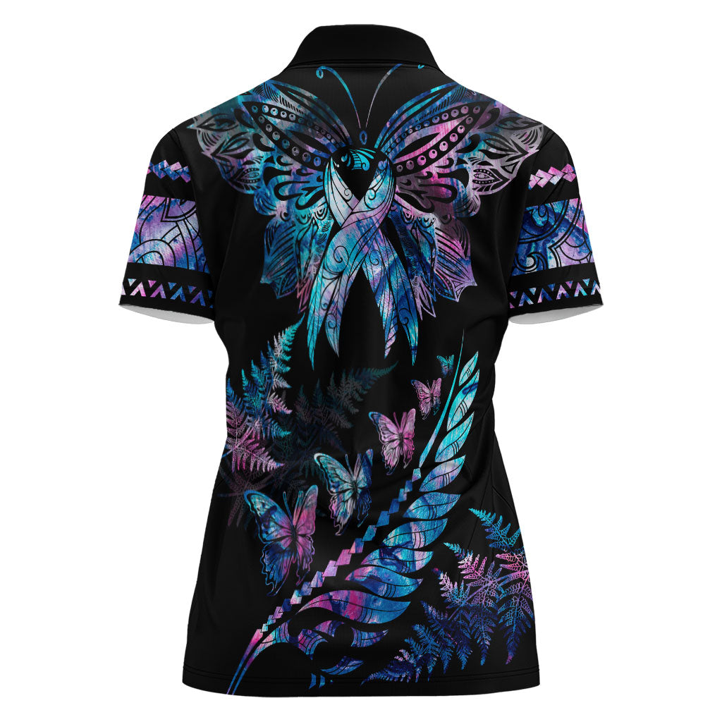 Personalised Polynesia Ribbon Butterflies Women Polo Shirt Silver Fern Breast Cancer Support With Papua Shell Pattern