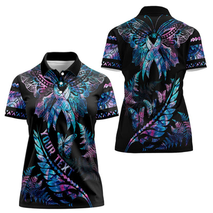 Personalised Polynesia Ribbon Butterflies Women Polo Shirt Silver Fern Breast Cancer Support With Papua Shell Pattern
