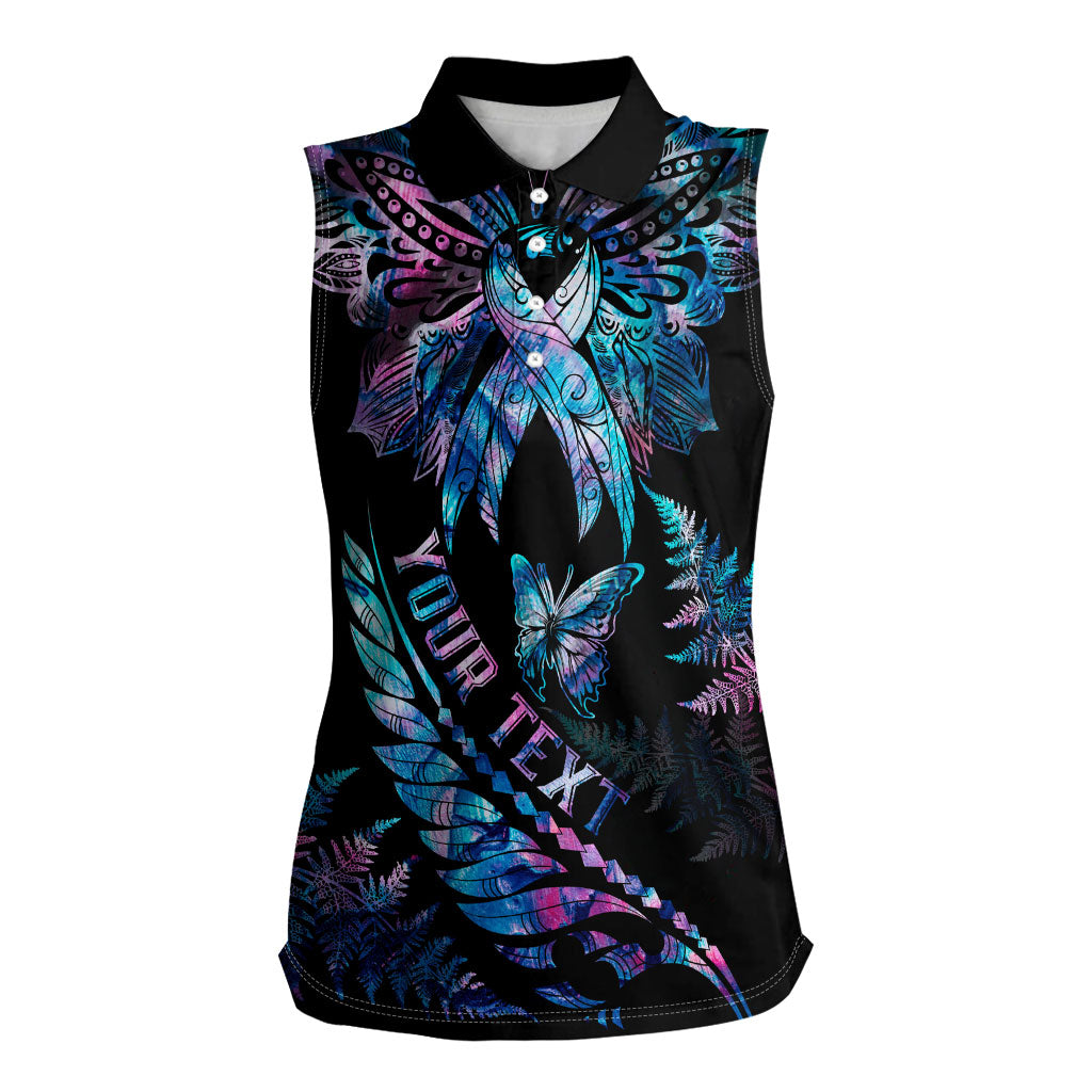 Personalised Polynesia Ribbon Butterflies Women Sleeveless Polo Shirt Silver Fern Breast Cancer Support With Papua Shell Pattern