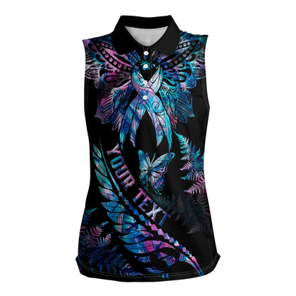 Personalised Polynesia Ribbon Butterflies Women Sleeveless Polo Shirt Silver Fern Breast Cancer Support With Papua Shell Pattern