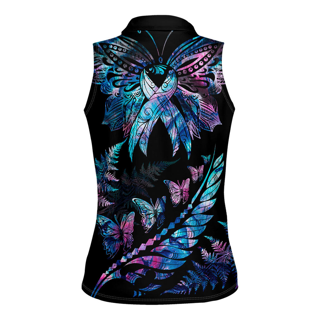 Personalised Polynesia Ribbon Butterflies Women Sleeveless Polo Shirt Silver Fern Breast Cancer Support With Papua Shell Pattern