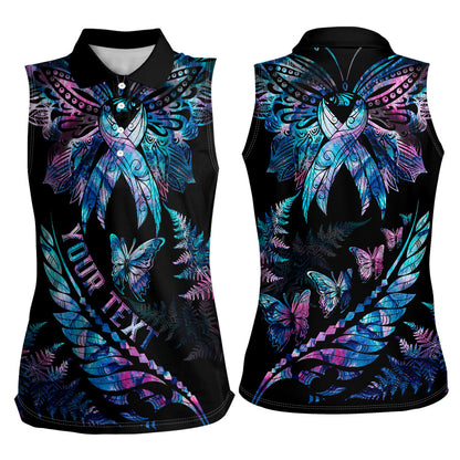 Personalised Polynesia Ribbon Butterflies Women Sleeveless Polo Shirt Silver Fern Breast Cancer Support With Papua Shell Pattern
