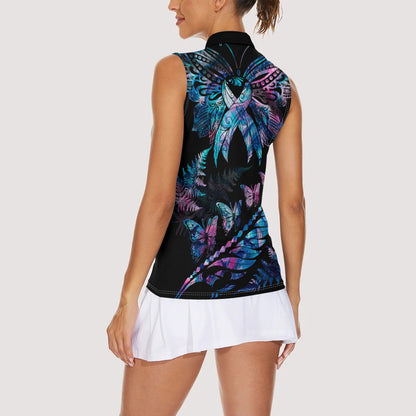 Personalised Polynesia Ribbon Butterflies Women Sleeveless Polo Shirt Silver Fern Breast Cancer Support With Papua Shell Pattern