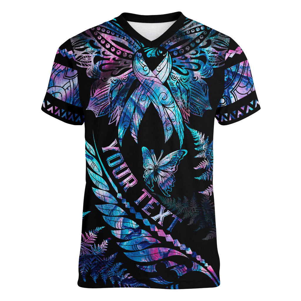 Personalised Polynesia Ribbon Butterflies Women V-Neck T-Shirt Silver Fern Breast Cancer Support With Papua Shell Pattern