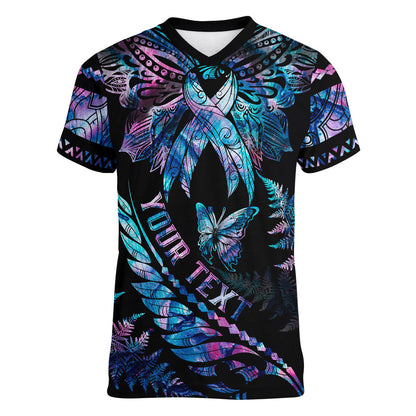 Personalised Polynesia Ribbon Butterflies Women V-Neck T-Shirt Silver Fern Breast Cancer Support With Papua Shell Pattern