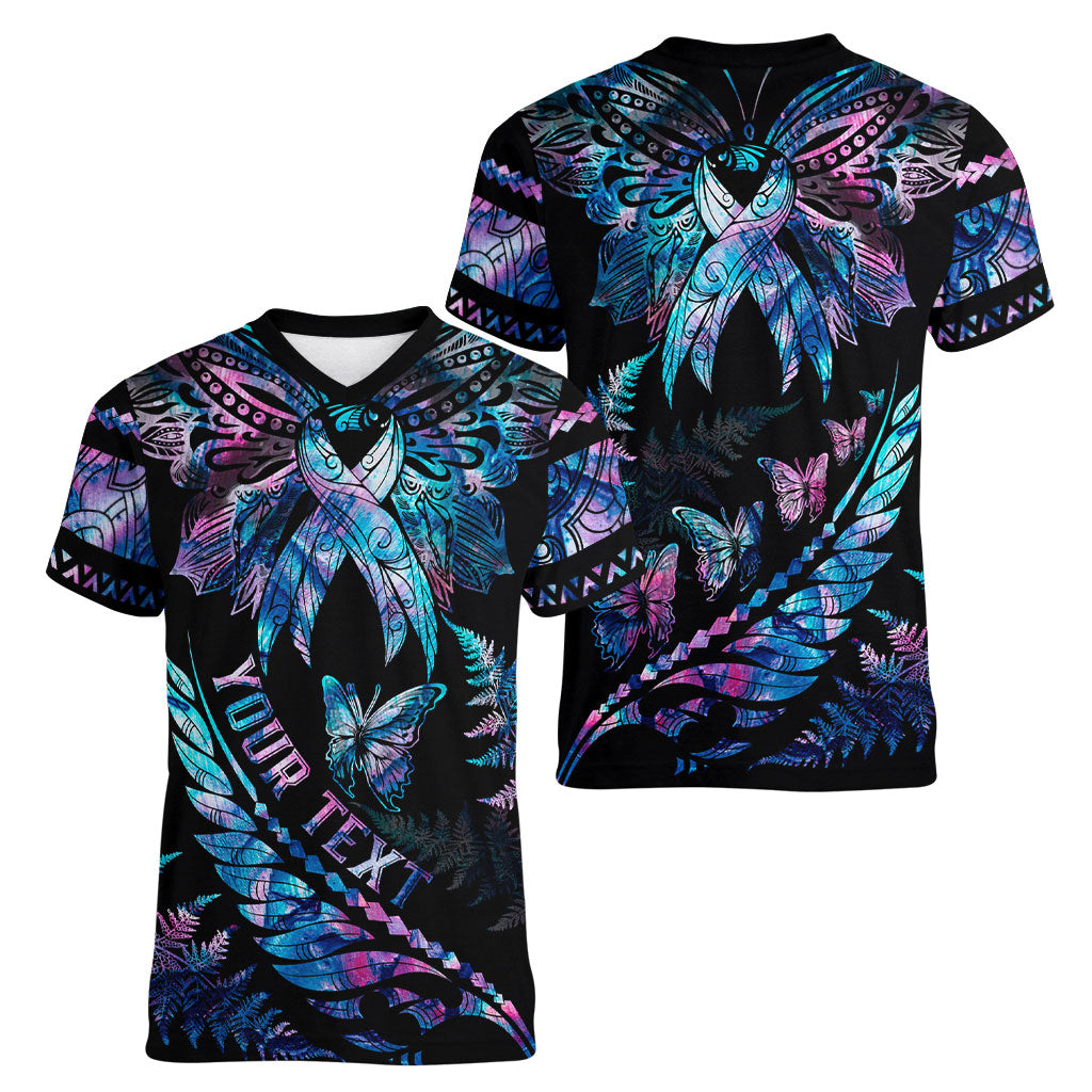 Personalised Polynesia Ribbon Butterflies Women V-Neck T-Shirt Silver Fern Breast Cancer Support With Papua Shell Pattern