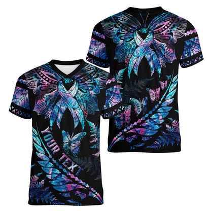 Personalised Polynesia Ribbon Butterflies Women V-Neck T-Shirt Silver Fern Breast Cancer Support With Papua Shell Pattern