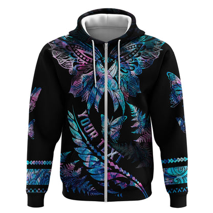 Personalised Polynesia Ribbon Butterflies Zip Hoodie Silver Fern Breast Cancer Support With Papua Shell Pattern