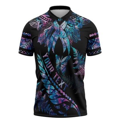 Personalised Polynesia Ribbon Butterflies Zipper Polo Shirt Silver Fern Breast Cancer Support With Papua Shell Pattern