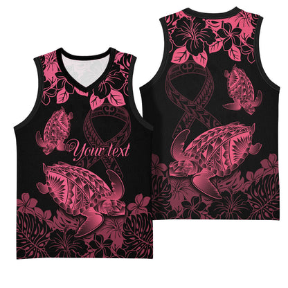 Personalised Polynesian Turtle Ribbon Basketball Jersey Think Pink Breast Cancer Support With Pacific Hibiscus