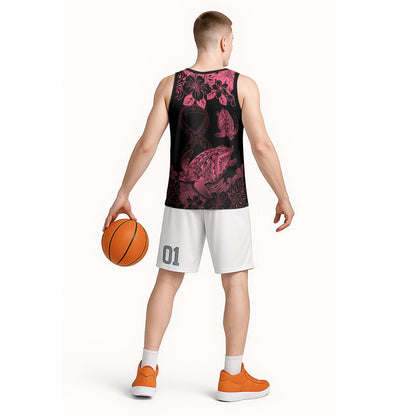 Personalised Polynesian Turtle Ribbon Basketball Jersey Think Pink Breast Cancer Support With Pacific Hibiscus