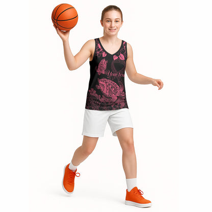 Personalised Polynesian Turtle Ribbon Basketball Jersey Think Pink Breast Cancer Support With Pacific Hibiscus