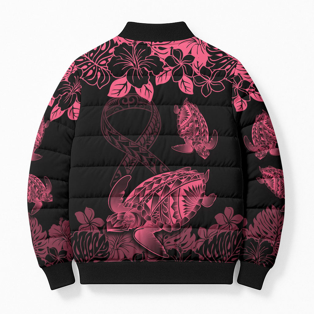 Personalised Polynesian Turtle Ribbon Bomber Puffer Jacket Think Pink Breast Cancer Support With Pacific Hibiscus