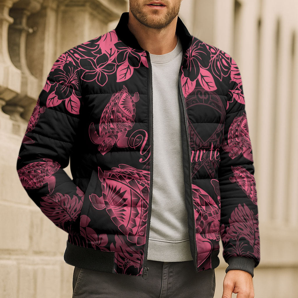 Personalised Polynesian Turtle Ribbon Bomber Puffer Jacket Think Pink Breast Cancer Support With Pacific Hibiscus