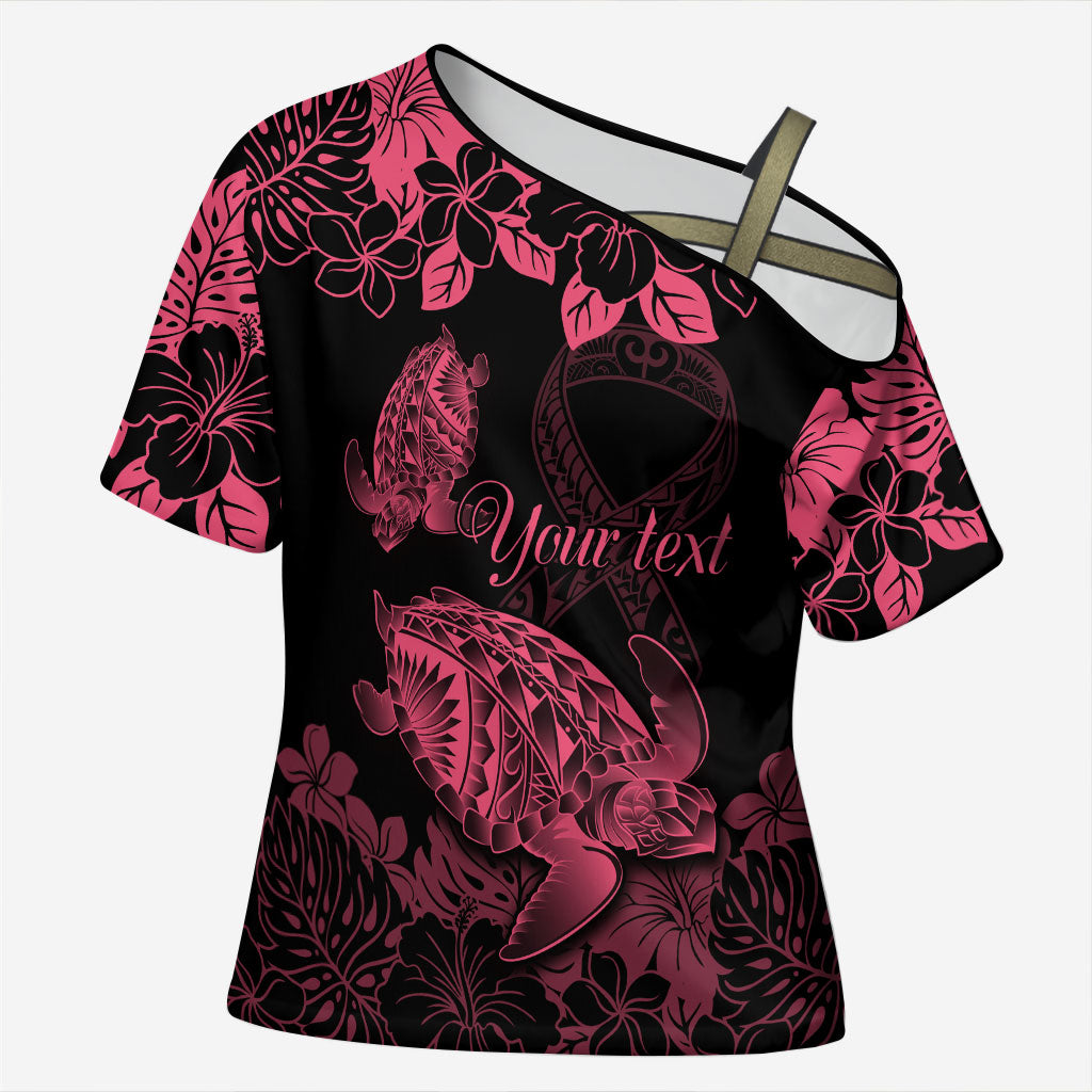 Personalised Polynesian Turtle Ribbon Cross Shoulder Shirt Think Pink Breast Cancer Support With Pacific Hibiscus