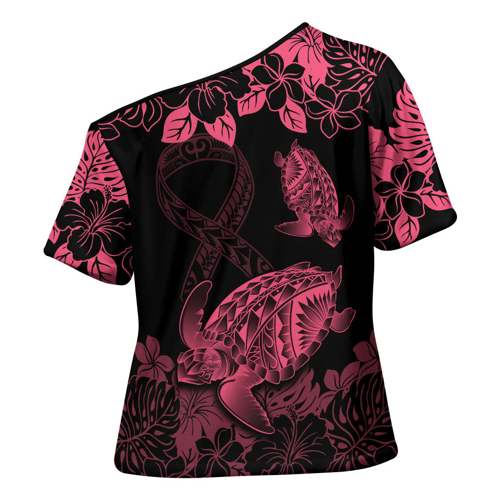 Personalised Polynesian Turtle Ribbon Cross Shoulder Shirt Think Pink Breast Cancer Support With Pacific Hibiscus