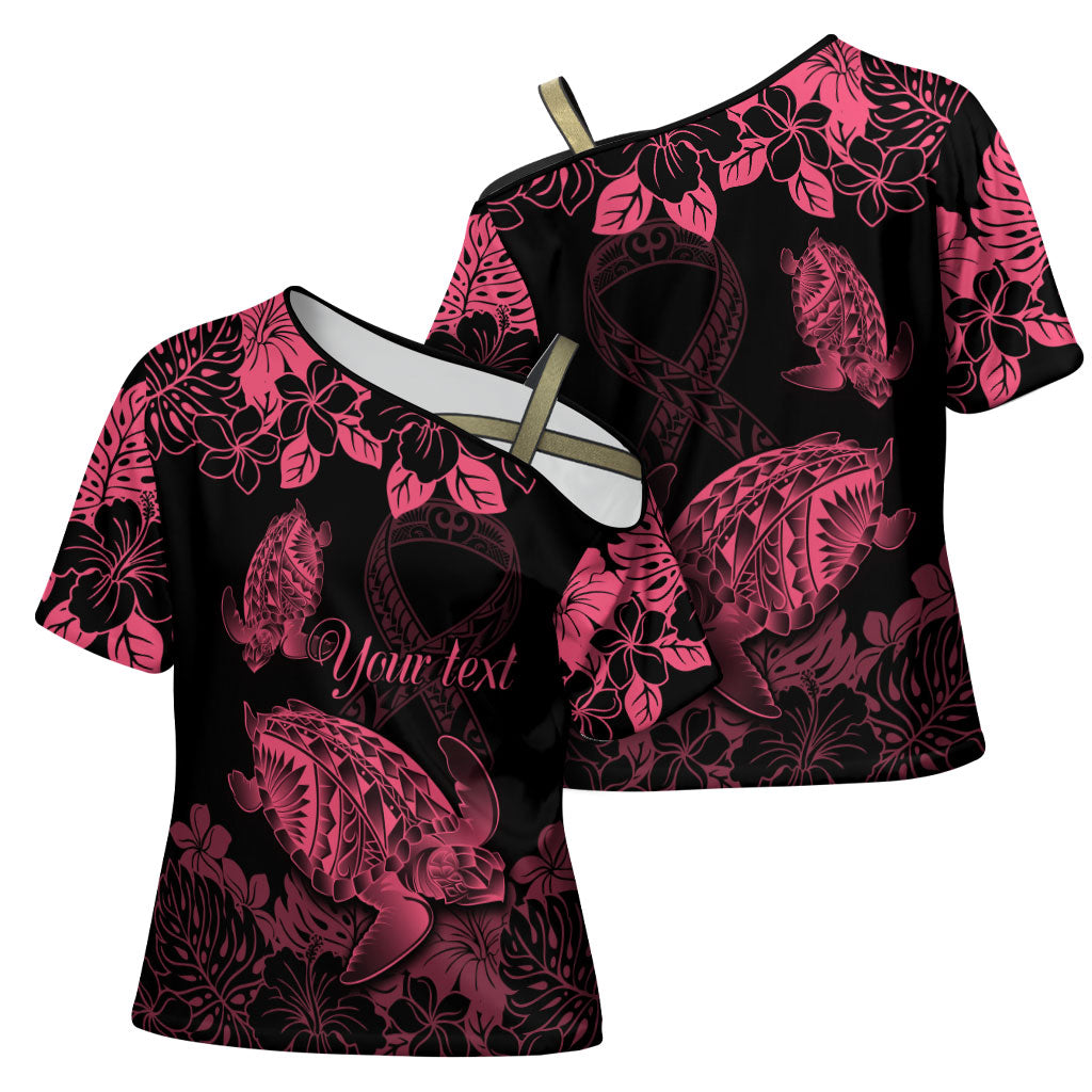 Personalised Polynesian Turtle Ribbon Cross Shoulder Shirt Think Pink Breast Cancer Support With Pacific Hibiscus