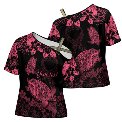 Personalised Polynesian Turtle Ribbon Cross Shoulder Shirt Think Pink Breast Cancer Support With Pacific Hibiscus